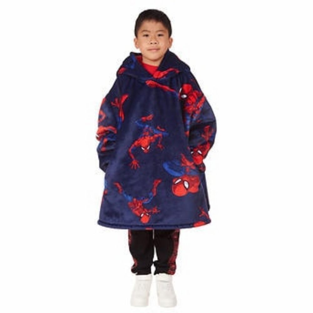 Kids Navy Blue Spider-Print Hooded Wearable Blanket